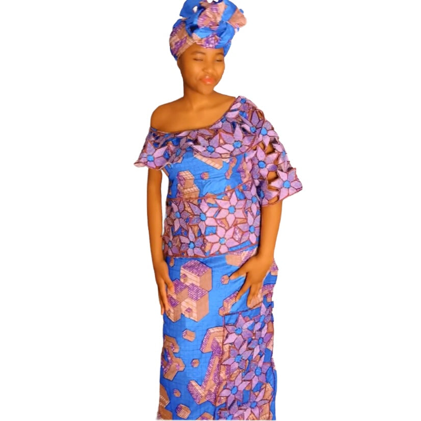 African Wax Dye Fabric 2 pieces with top Colorful Shiny Flower Graphic