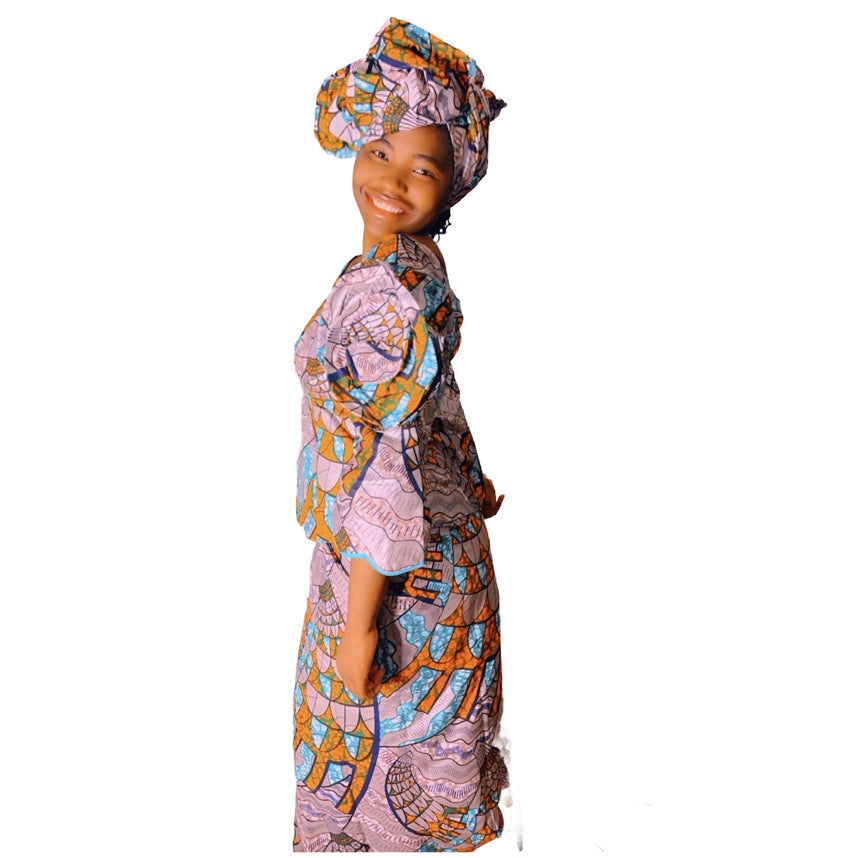 African Wax Dye Fabric 2 pieces with top Colorful Shiny Flower