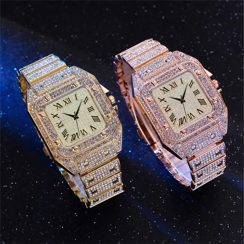 Men's Golden Watches Luxury Rhinestone Roma Dial Square Quartz Watch for Men Stainless Steel Wristwatches Relogio Masculino