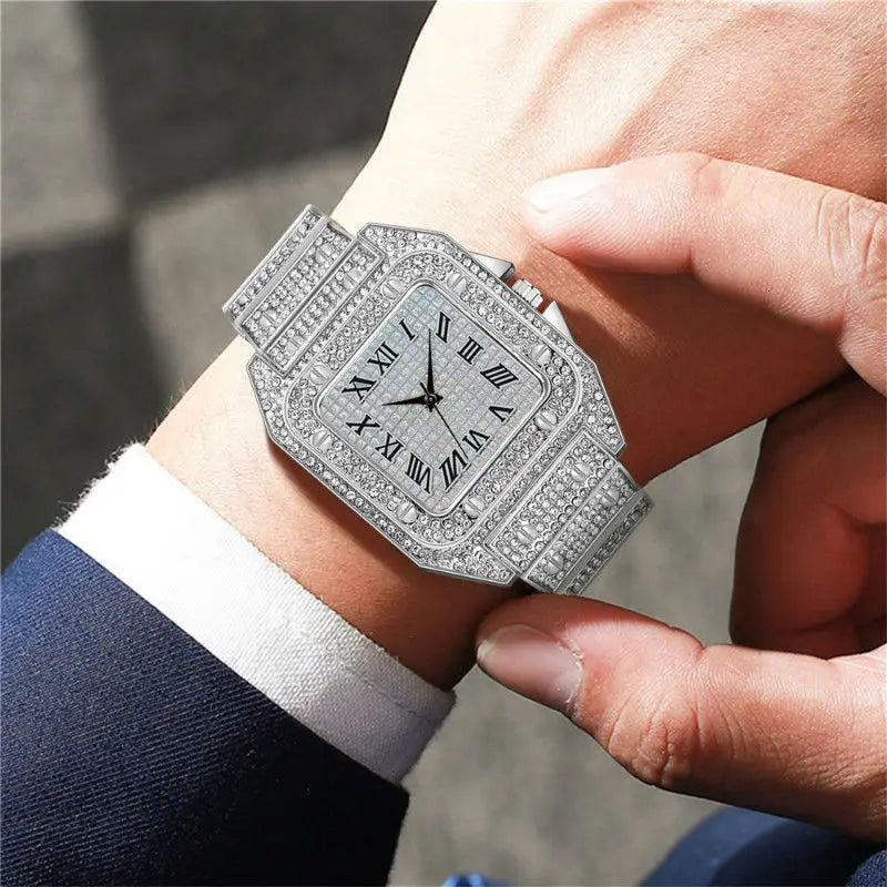 Men's Golden Watches Luxury Rhinestone Roma Dial Square Quartz Watch for Men Stainless Steel Wristwatches Relogio Masculino