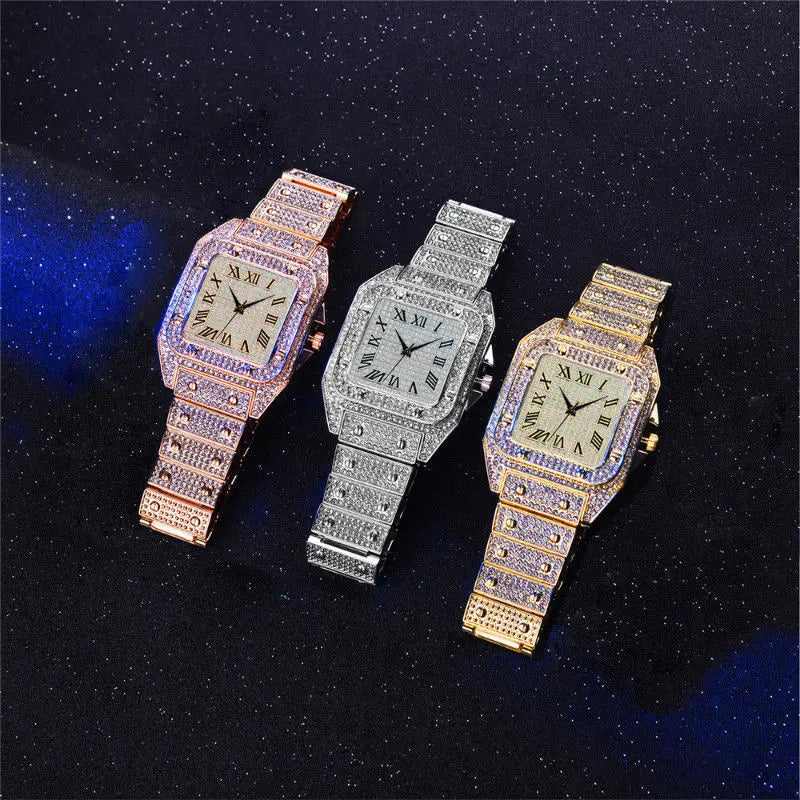 Men's Golden Watches Luxury Rhinestone Roma Dial Square Quartz Watch for Men Stainless Steel Wristwatches Relogio Masculino