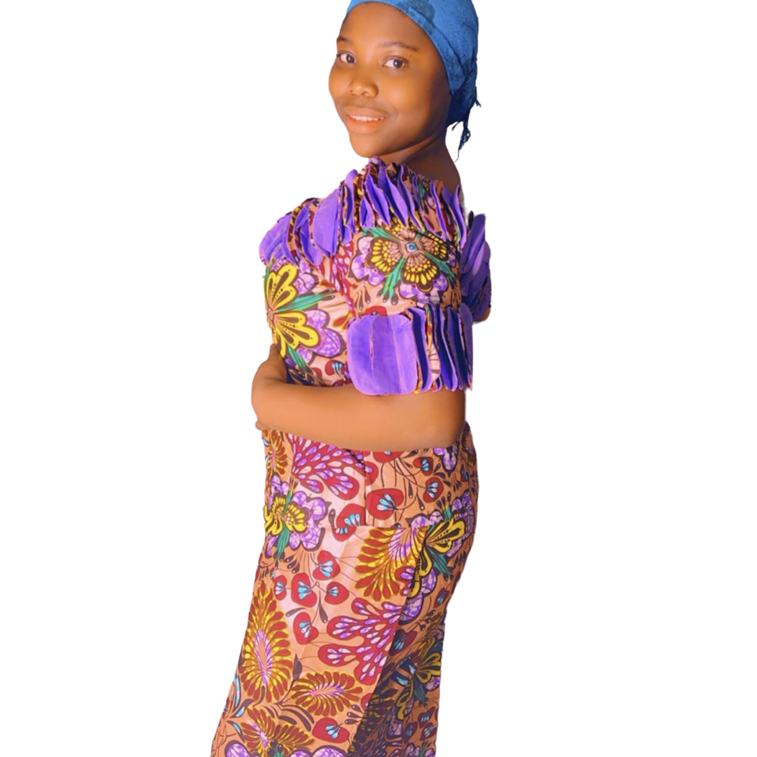 African Wax Dye Fabric 2 pieces with top Colorful Shiny Flower Graphic