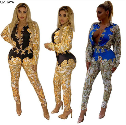 2019 Women Autumn Street Full Sleeve Print bodysuit & pants suit two piece set Casual Sexy Fashion tracksuit outfit GLK9389