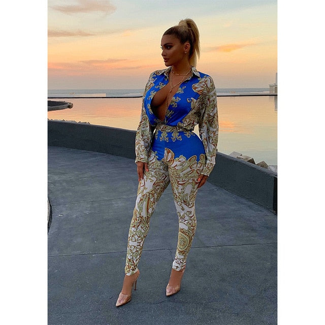 2019 Women Autumn Street Full Sleeve Print bodysuit & pants suit two piece set Casual Sexy Fashion tracksuit outfit GLK9389