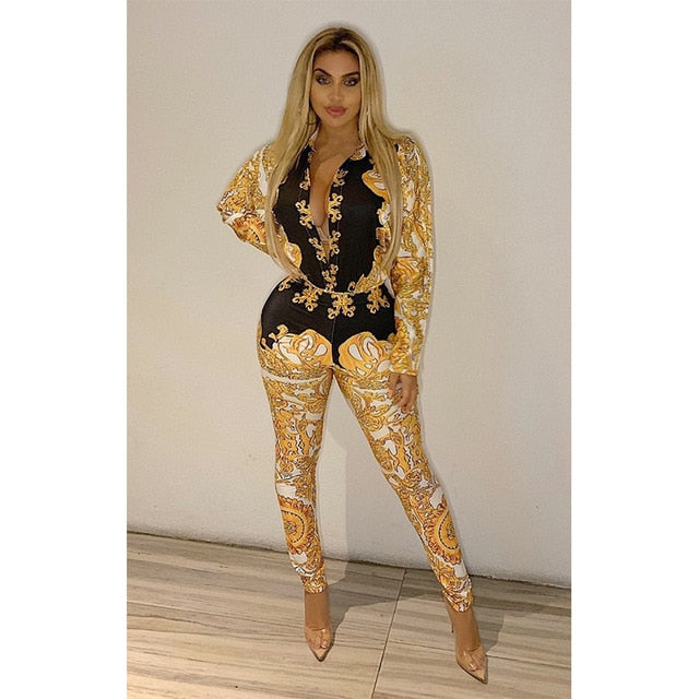 2019 Women Autumn Street Full Sleeve Print bodysuit & pants suit two piece set Casual Sexy Fashion tracksuit outfit GLK9389