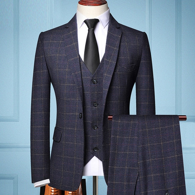 2019 Three-piece Male Formal Business Plaids Suit for Men's Fashion Boutique Plaid Wedding Dress Suit ( Jacket + Vest + Pants )