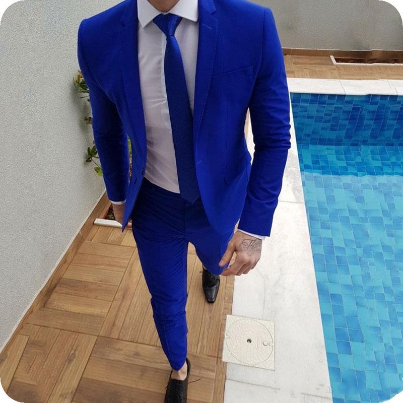 2019 New Arrival Royal Blue Prom Suits Groom Tuxedos Latest Coat Pants Designs Mens Wedding Suits Male Slim Fit Jacket+Pants+Tie