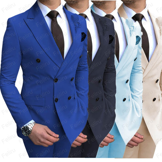 Double Breasted Mens Suit For Wedding Groom Groomsmen Tuxedos Men Formal Prom Office Party Slim Blazer Suit (Jacket+Pants)