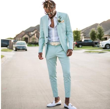 Summer Beach Mint Green Men Suits Two Pieces Lapel Groomsmen Suits Solid Color Men Wedding Prom Suits Jacket+Pant Hot Sale