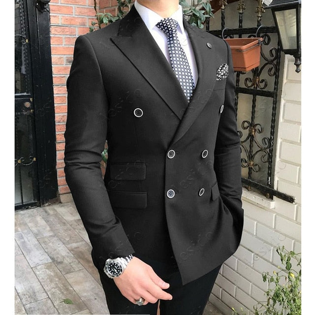 Aesido New Arrivals Men Suits Slim Fit 2 Piece Double Breasted Prom Tuxedos Casual Business Jacket Blazer+Pants for Wedding 2020