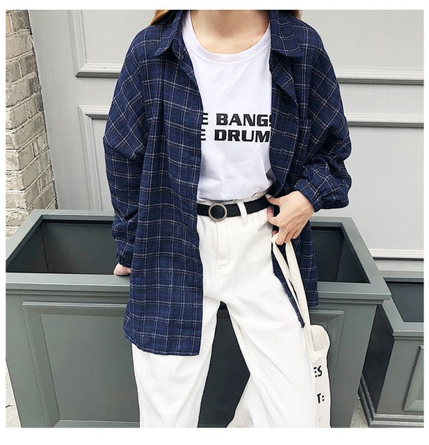 2019 New Woman Vent Vintage Plaid Shirt Single Breasted Turn down Collar Cotton Long Sleeve Button Feminina Sales T8D512Z