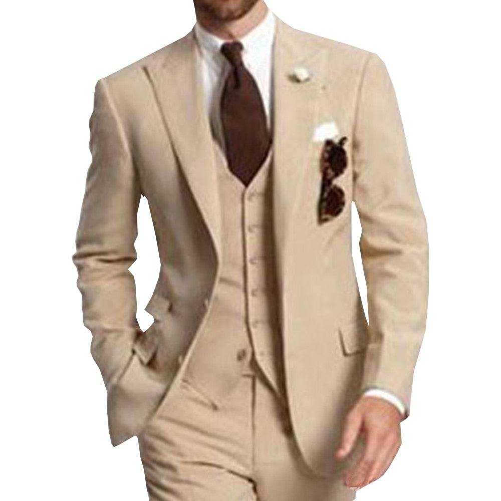 Beige Three Piece Business Party Best Men Suits Peaked Lapel Two Button Custom Made Wedding Groom Tuxedos 2020 Jacket Pants Vest