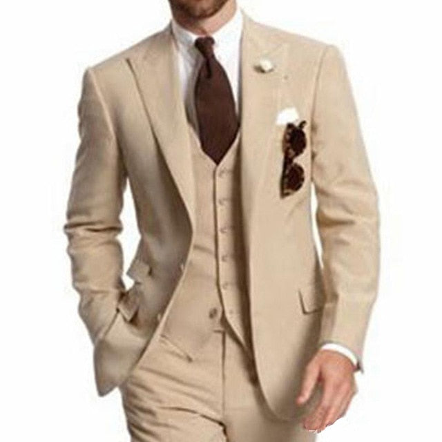 Beige Three Piece Business Party Best Men Suits Peaked Lapel Two Button Custom Made Wedding Groom Tuxedos 2020 Jacket Pants Vest