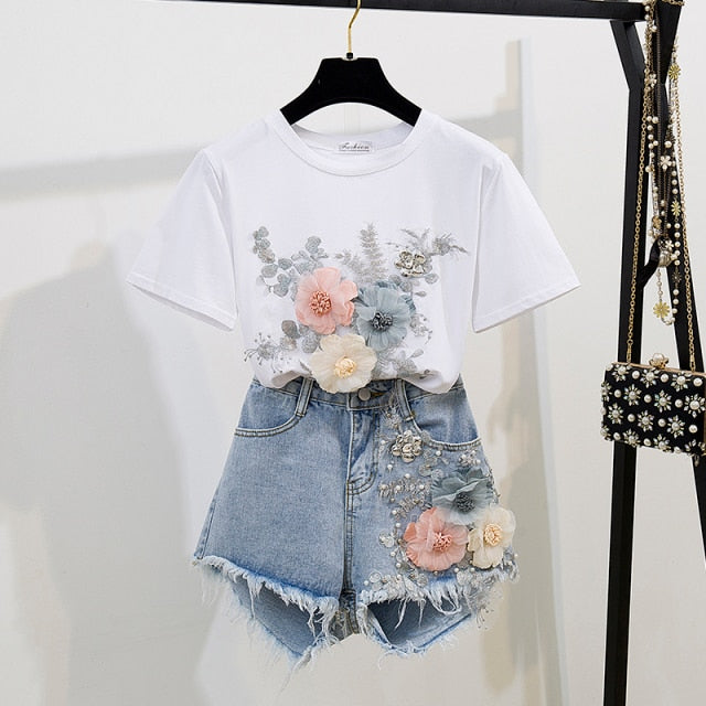 2020 Summer Women 2 Piece Sets Embroidery 3D Flower T-shirt + Denim Shorts Sets Vintage Beading Shorts Sets