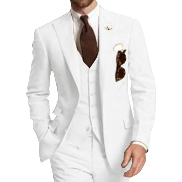 Beige Three Piece Business Party Best Men Suits Peaked Lapel Two Button Custom Made Wedding Groom Tuxedos 2020 Jacket Pants Vest