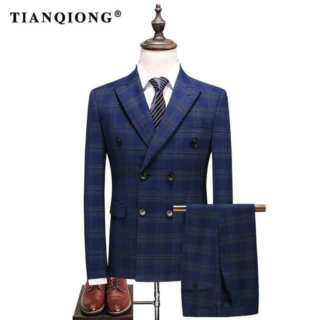 TIAN QIONG Mens Double Breasted Suit 2018 Slim Fit Blue Plaid Suit Men 5XL Plus Size Luxury Wedding Suits Business Formal Wear