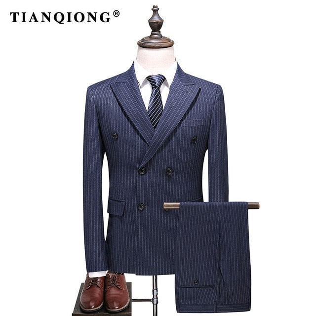 TIAN QIONG Mens Double Breasted Suit 2018 Slim Fit Blue Plaid Suit Men 5XL Plus Size Luxury Wedding Suits Business Formal Wear