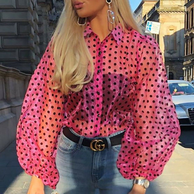 Women Polka Dot Retro Blouse Lady Early Autumn Modern Mesh Shirt Vogue See-through Loose Button  Puff Sleeve Blouse High Street