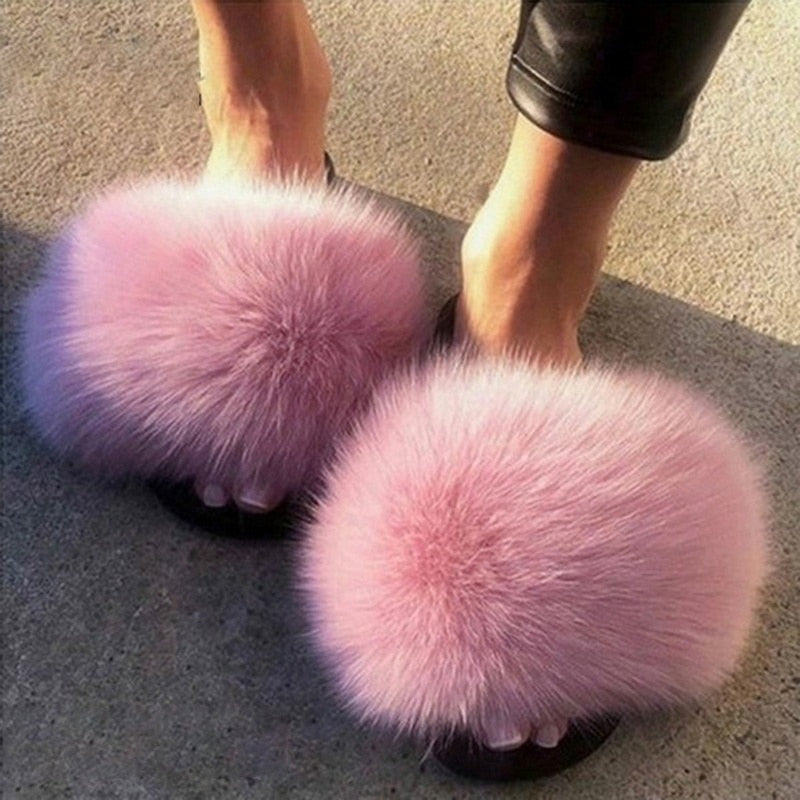 2020 Women Furry Slippers Ladies Shoes Cute Plush Fox Hair Fluffy Sandals Women's Fur Slippers Winter Warm Slippers Women Hot