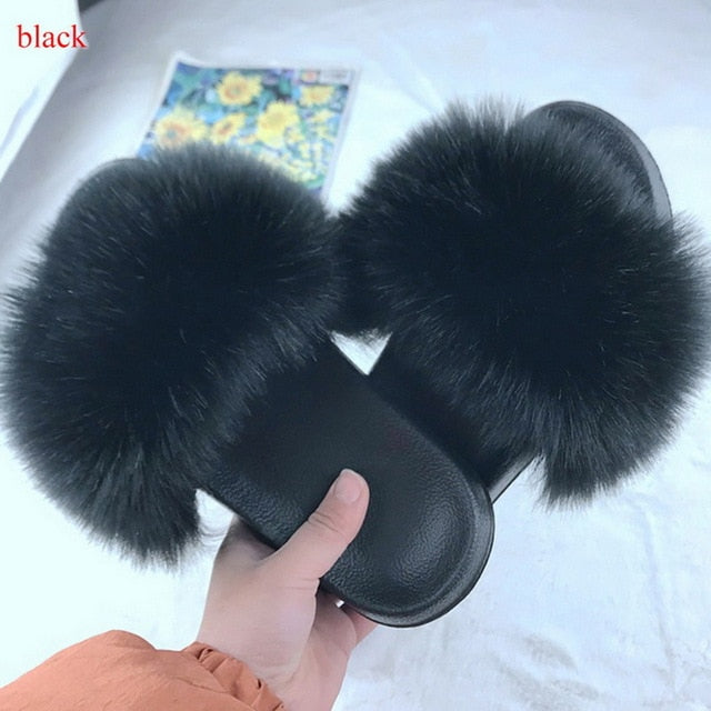 2020 Women Furry Slippers Ladies Shoes Cute Plush Fox Hair Fluffy Sandals Women's Fur Slippers Winter Warm Slippers Women Hot