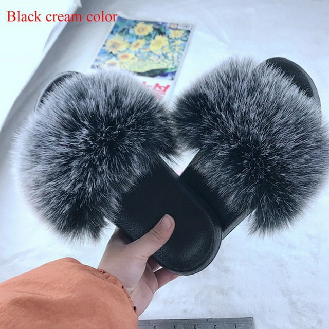 2020 Women Furry Slippers Ladies Shoes Cute Plush Fox Hair Fluffy Sandals Women's Fur Slippers Winter Warm Slippers Women Hot