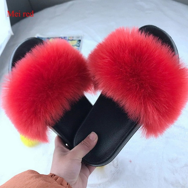 2020 Women Furry Slippers Ladies Shoes Cute Plush Fox Hair Fluffy Sandals Women's Fur Slippers Winter Warm Slippers Women Hot