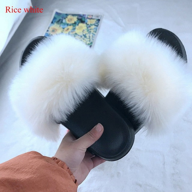 2020 Women Furry Slippers Ladies Shoes Cute Plush Fox Hair Fluffy Sandals Women's Fur Slippers Winter Warm Slippers Women Hot