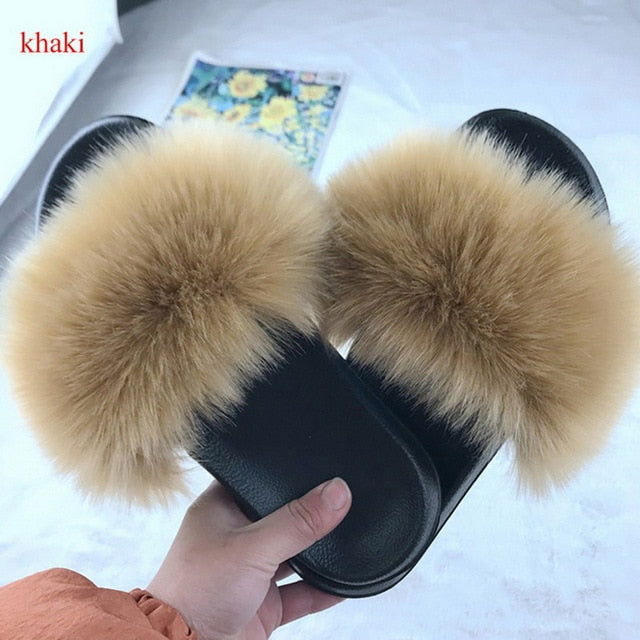 2020 Women Furry Slippers Ladies Shoes Cute Plush Fox Hair Fluffy Sandals Women's Fur Slippers Winter Warm Slippers Women Hot