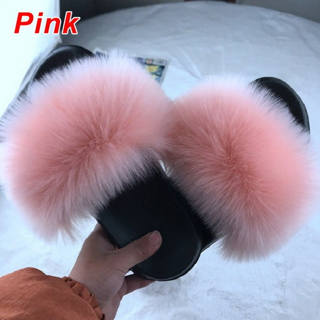 2020 Women Furry Slippers Ladies Shoes Cute Plush Fox Hair Fluffy Sandals Women's Fur Slippers Winter Warm Slippers Women Hot