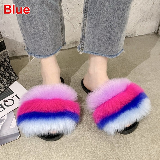 2020 Women Furry Slippers Ladies Shoes Cute Plush Fox Hair Fluffy Sandals Women's Fur Slippers Winter Warm Slippers Women Hot