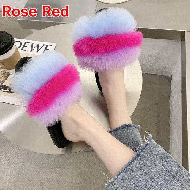 2020 Women Furry Slippers Ladies Shoes Cute Plush Fox Hair Fluffy Sandals Women's Fur Slippers Winter Warm Slippers Women Hot