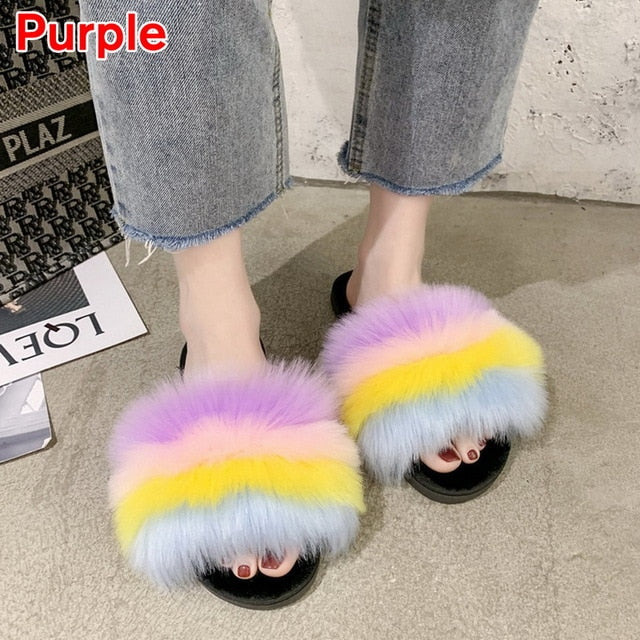 2020 Women Furry Slippers Ladies Shoes Cute Plush Fox Hair Fluffy Sandals Women's Fur Slippers Winter Warm Slippers Women Hot