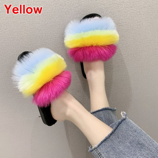 2020 Women Furry Slippers Ladies Shoes Cute Plush Fox Hair Fluffy Sandals Women's Fur Slippers Winter Warm Slippers Women Hot