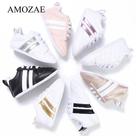 2020 Baby Shoes Newborn Boys Girls Two Striped First Walkers Kids Toddlers Lace Up PU Leather Soft Soles Sneakers 0-18 Months