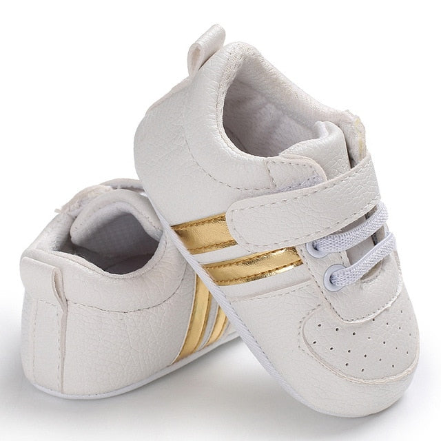 2020 Baby Shoes Newborn Boys Girls Two Striped First Walkers Kids Toddlers Lace Up PU Leather Soft Soles Sneakers 0-18 Months