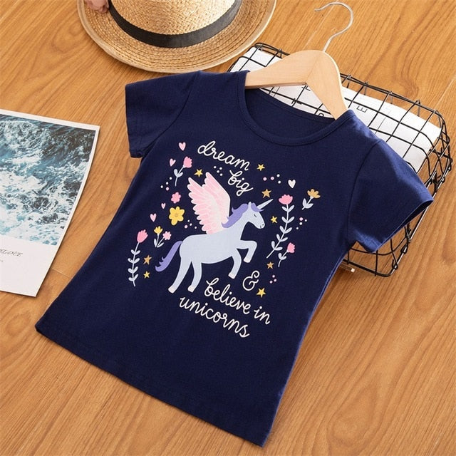 2020 3 5 6 7 8 Years Unicorn Girls T-Shirt Boys Short Sleeve Tee Tops Kids Cartoon Printing Clothes Children Birthday Party Wear