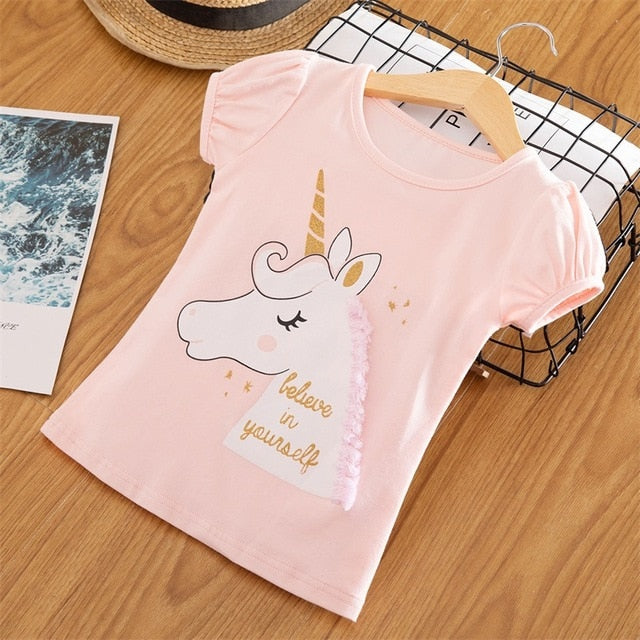 2020 3 5 6 7 8 Years Unicorn Girls T-Shirt Boys Short Sleeve Tee Tops Kids Cartoon Printing Clothes Children Birthday Party Wear