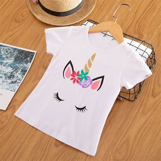 2020 3 5 6 7 8 Years Unicorn Girls T-Shirt Boys Short Sleeve Tee Tops Kids Cartoon Printing Clothes Children Birthday Party Wear