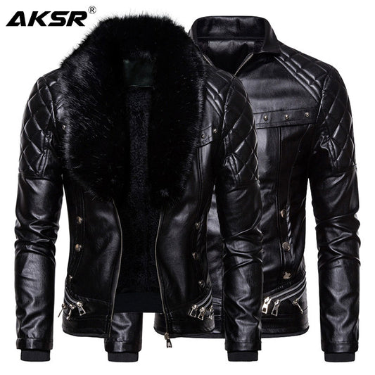 New Men's Biker Leather Jacket Fur Collar Detachable Faux Leather Motocycle Jackets Coats Casual PU Jacket Chaqueta Moto Hombre