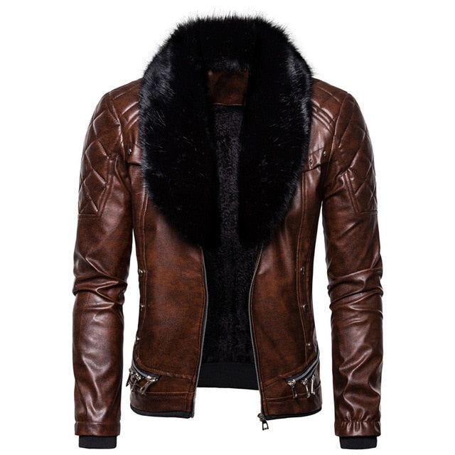 New Men's Biker Leather Jacket Fur Collar Detachable Faux Leather Motocycle Jackets Coats Casual PU Jacket Chaqueta Moto Hombre