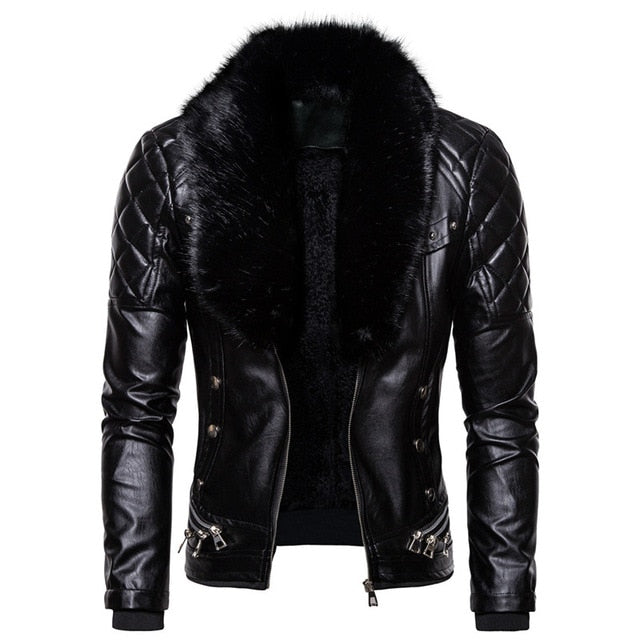 New Men's Biker Leather Jacket Fur Collar Detachable Faux Leather Motocycle Jackets Coats Casual PU Jacket Chaqueta Moto Hombre