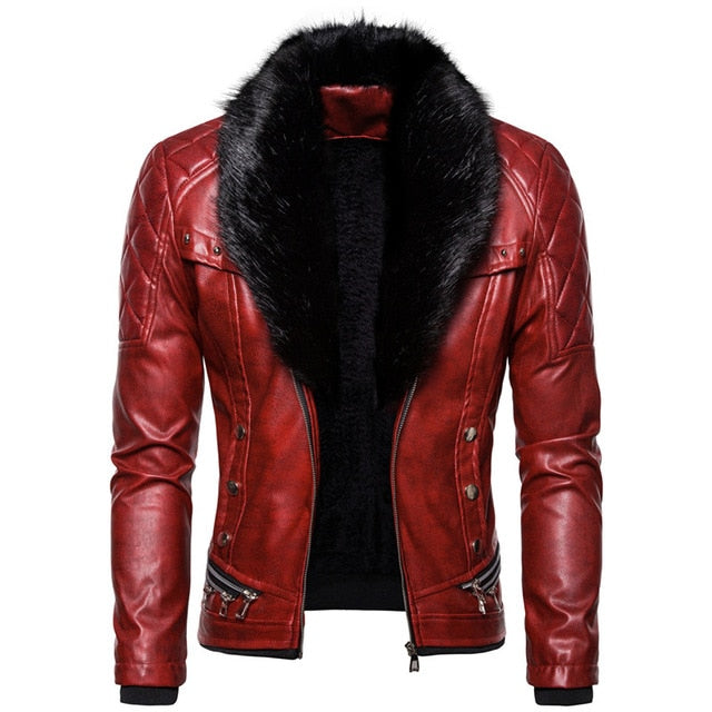 New Men's Biker Leather Jacket Fur Collar Detachable Faux Leather Motocycle Jackets Coats Casual PU Jacket Chaqueta Moto Hombre