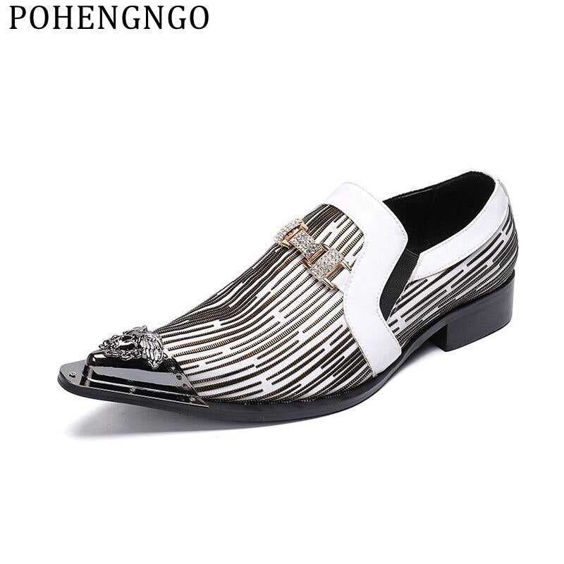 Italy Handmade  Stripe Men Clothing Wedding Shoes White Men  Work Office Casual Party Shoes Metal Pointed zapatos de hombre