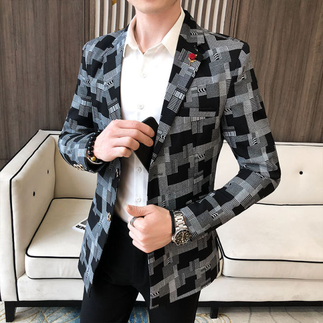 2021 Korean Plaid Suit Blazer Jacket Men Stylish Dress Prom Blazers For Men Casual Slim Club Stage Singer Suit Blusa Masculina