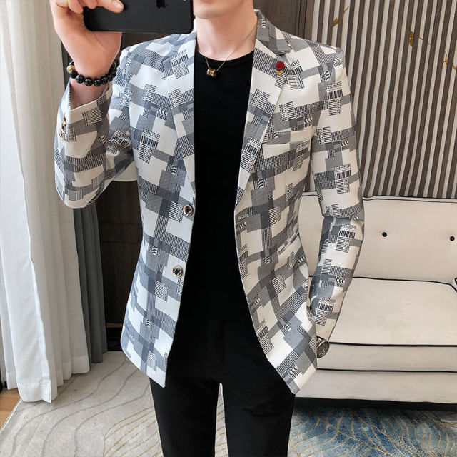 2021 Korean Plaid Suit Blazer Jacket Men Stylish Dress Prom Blazers For Men Casual Slim Club Stage Singer Suit Blusa Masculina