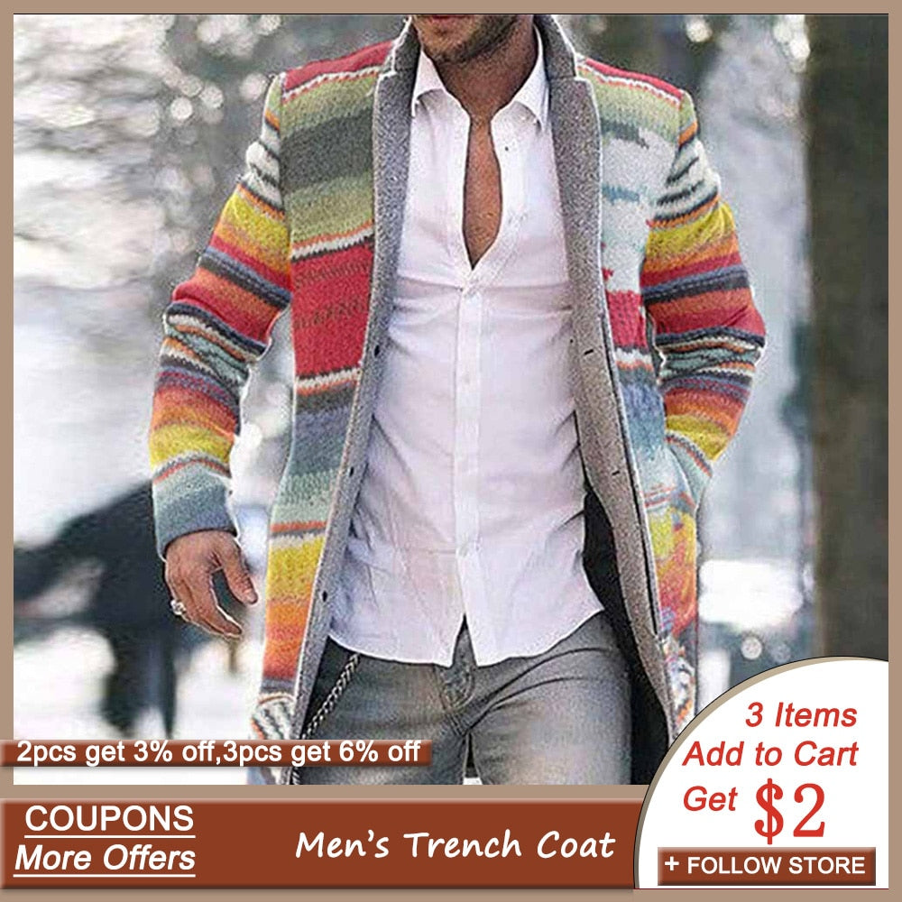 Wool Trench Coat Men Mid-Long Winter Jackets for Men Yellow Rainbow Stripes Slim Men's Overcoat Fashion Vintage Plus Size 4XL