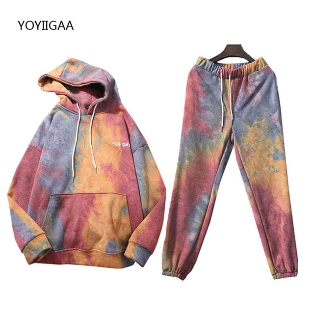 Tie Dye Autumn Winter 2 Piece Set Women Hoodies Pants Printed Sportswear Suits Thicken Warm Ladies Girls Hoodie Sets Tracksuits