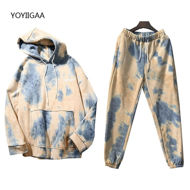 Tie Dye Autumn Winter 2 Piece Set Women Hoodies Pants Printed Sportswear Suits Thicken Warm Ladies Girls Hoodie Sets Tracksuits