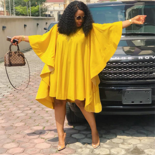 Women Yellow Loose Dresses Large Size Ladies O Neck Pleated Batwing Sleeves Solid African Fashion Casual Spring Summer Female