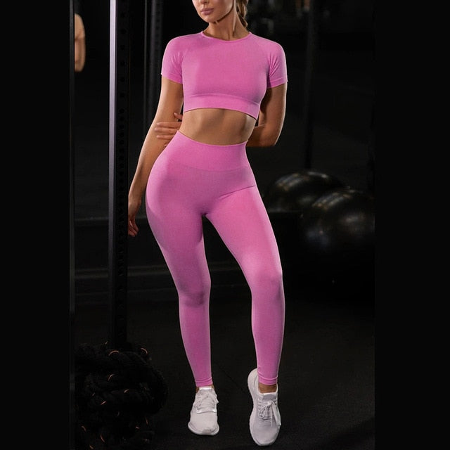 Shirts Legging Work-out Suit 2 Piece Sports Short Sleeve Crop Top High Waist Running Legging Set Gym Clothing Fitness Tracksuit